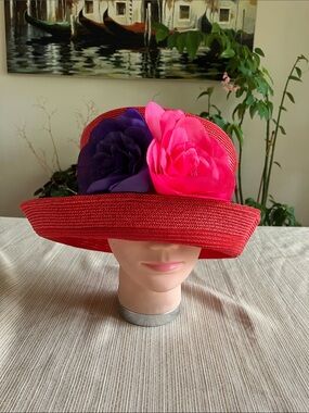 Chic Red Straw Hat with Pink & Purple Organza Flower Accents